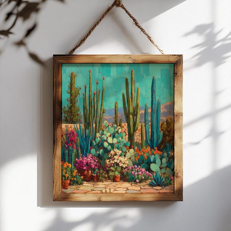 Desert Cactus Wall Art Print, Southwest Landscape Painting, Turquoise ...