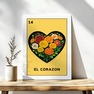 El Corazon Mothers Day Lotería Art Print lub Karta z Pozdrowieniami – Niestandardowy Kwiatowy Nagietek Serce Druk lub Karta, Karta Lotería, Kolorowy Meksykański Plakat