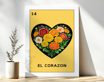 El Corazon Mothers Day Lotería Art Print or Greeting Card– Custom Floral Marigold Heart Print or Card, Lotería Card, Colorful Mexican Poster