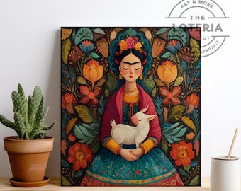 Folklorico Frida Art Print – Colorful Mexican Folk Art, Season Wall Decor, Vibrant Folk Forest Poster, Unique Gift Illustration Art