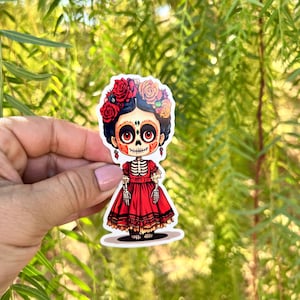 Frida Dia De Los Muertos Art Vinyl Sticker – Floral Frida , Kahlo Lotería Card, Colorful Mexican Sticker
