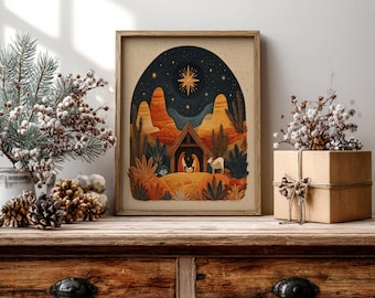 Christmas Nativity Art Print – Colorful Mexican Folk Art, Christian Fall Wall Decor, Southwest Catholic Religious Poster, Gift Illustration