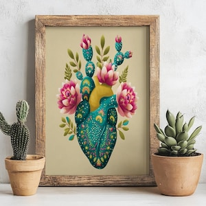 Folklorico Succulent Heart Art Print – Desert Cactus Floral Wall Decor, Mexican-Inspired Botanical Illustration, Colorful Folk Art