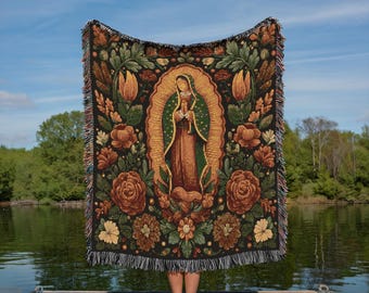 Guadalupe Mexican Virgen Woven Blanket | Desert Virgin Mary Folk Art Decor, Boho Southwest Catholic Home Blessing Gift Throw Blanket