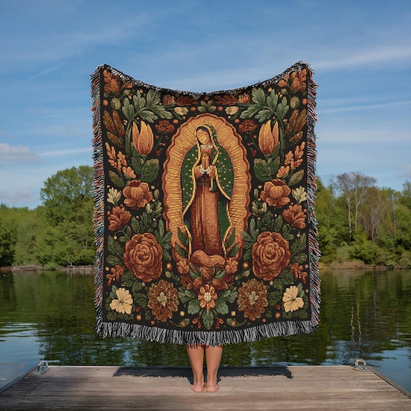 Guadalupe Mexican Virgen Woven Blanket | Desert Virgin Mary Folk Art Decor, Boho Southwest Catholic Home Blessing Gift Throw Blanket