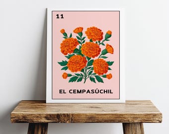 Impresión artística de caléndula de Lotería El Cempasúchil, colorida caléndula mexicana, arte popular, decoración de pared de primavera, póster de flores vibrantes, ilustración floral