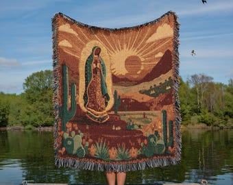 Guadalupe Mexican Virgen Woven Blanket | Desert Virgin Mary Folk Art Decor, Boho Southwest Catholic Home Blessing Gift Blanket