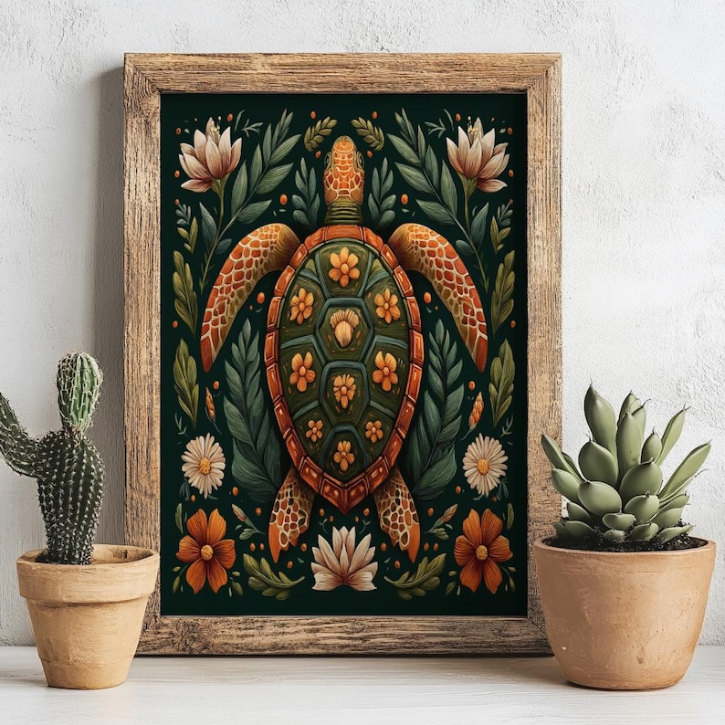 Folklorico Sea Turtle Folk Art Print– Floral, Ocean Animal Wall Decor ...