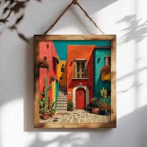 Folklorico Mexican Town Southwest Art Print Colorful Mexican Folk Art, Home Wall Decor, Vibrant Poster, Boho Unique Gift Illustration Print