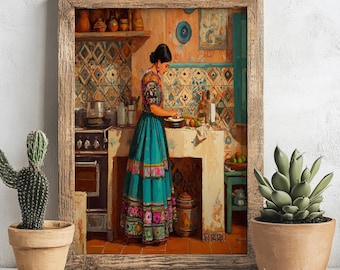 Mexican Kitchen Life Art Digital Download– Colorful Mexico Folk Art, Boho Southwest Wall Decor, Traditional Kitchen Scene Instant Download