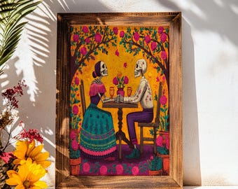 May include: A framed artwork depicts two skeletons at a table, holding hands, surrounded by flowers and trees. The artwork features vibrant colors, including yellow, pink, and teal, with a wooden frame. The theme is a romantic, Day of the Dead style.