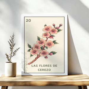 Las Flores de Cerezo Lotería – Kwiaty Wiśni | Sakura Estetyczny Minimalista | Kawaii Mexican, kartka z życzeniami Lotería lub druk artystyczny