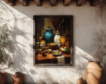 Mexican Kitchen Talavera Pottery Art Print –  Mexico Folk Art, Boho Southwest Wall Decor, Kitchen Cooking Still Life Traditional Scene Print
