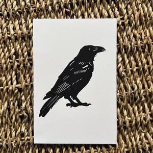 Raven hand printed linocut | handmade original | block printed, hand printed, black and white, home decor