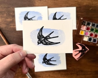 Barn Swallow Print with watercolor background 2.5x3.75 in | hand carved and printed