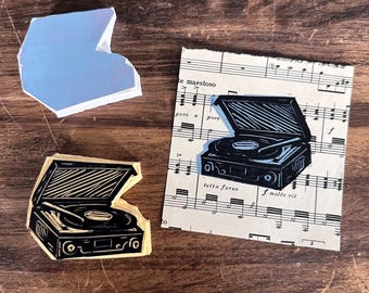Record Player Linocut Print | hand carved and printed on vintage sheet music