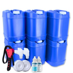 May include: A collection of blue water storage containers with white lids, stacked in groups. Accessories include a red and black handle, white spouts, white filters, and two bottles of water treatment. The bottles have the text "PART A" and "PART B".