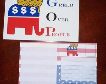 GOP 4x6 Postcards - Greedy Elephants design - Greed Over People - HancockStationery - 25 per Pack