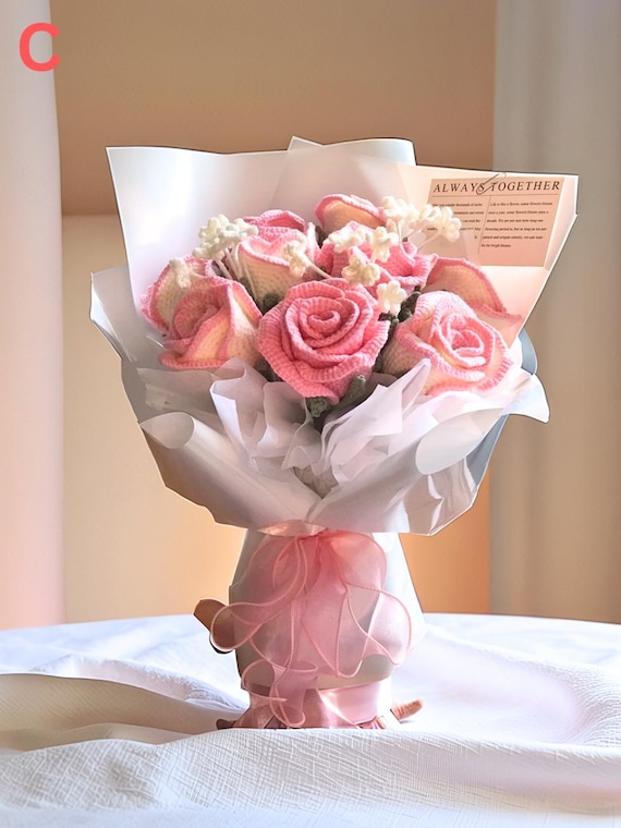 Buy Handmade Pink Crochet Flower Bouquet: Roses & Tulips, Gift for
