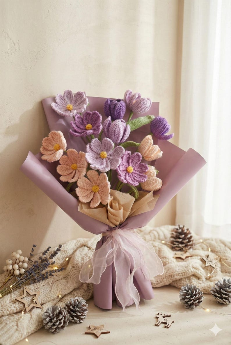 Lila Häkelstrauß, handgefertigte, immergrüne Blumen, Abschlussgeschenk für Sie Bild 11