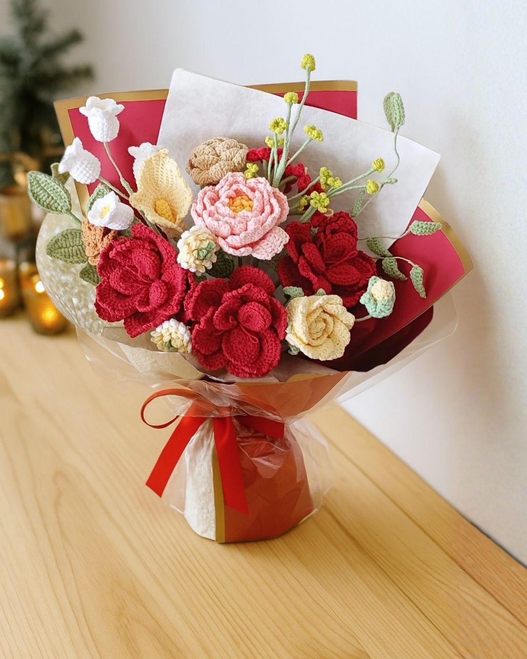 Mother's Day Crochet Flower Bouquet - Handmade Romantic Everlasting Red ...