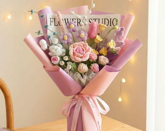 Handmade Crochet Flower Bouquet: Knitted rose tulip, Everlasting