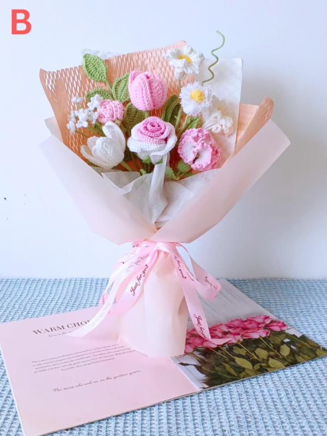 Buy Handmade Pink Crochet Flower Bouquet: Roses & Tulips, Gift for