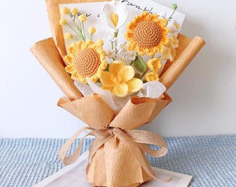 Handmade Crochet Sunflower Bouquet: thank you Gift for teacher, friends, Mum, Graduation flowers