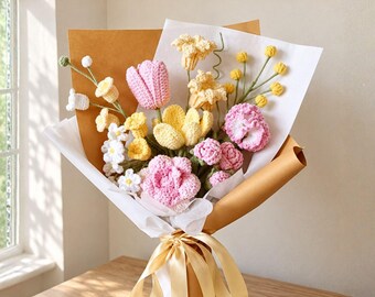 Pink and Yellow Crochet Tulip Rose Daffodil Bouquet, Birthday Gift for Her