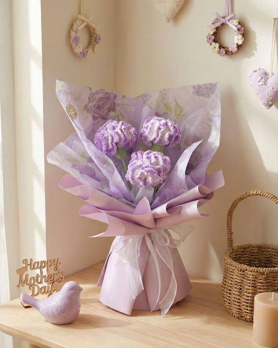Handmade Crochet Carnation Bouquet: Lasting Floral Gift for Mum, Mothers day, Birthday