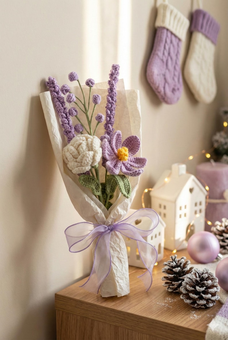 Lila Häkelstrauß, handgefertigte, immergrüne Blumen, Abschlussgeschenk für Sie Bild 7