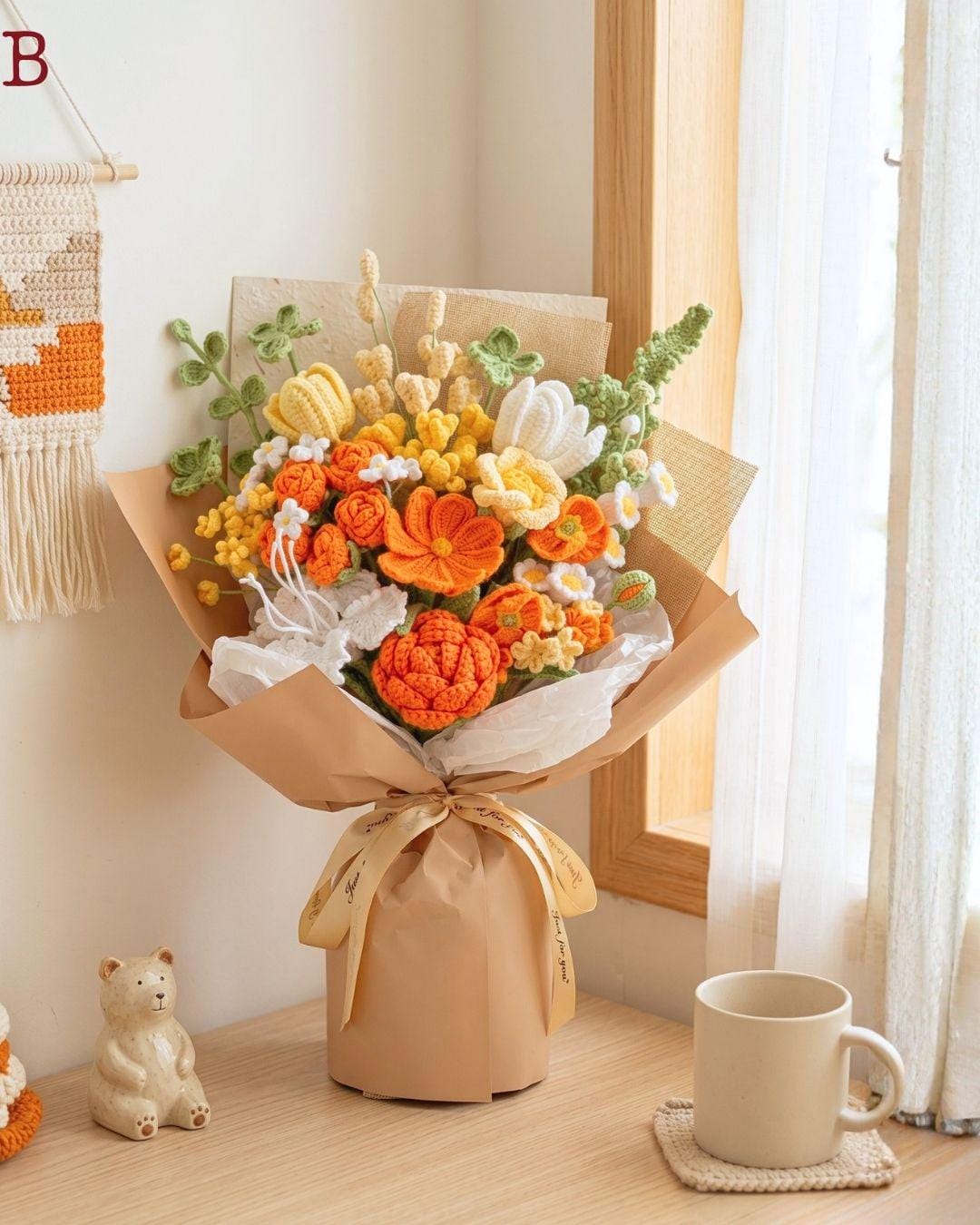 Orange Hand-Crocheted Spring Flower Bouquet