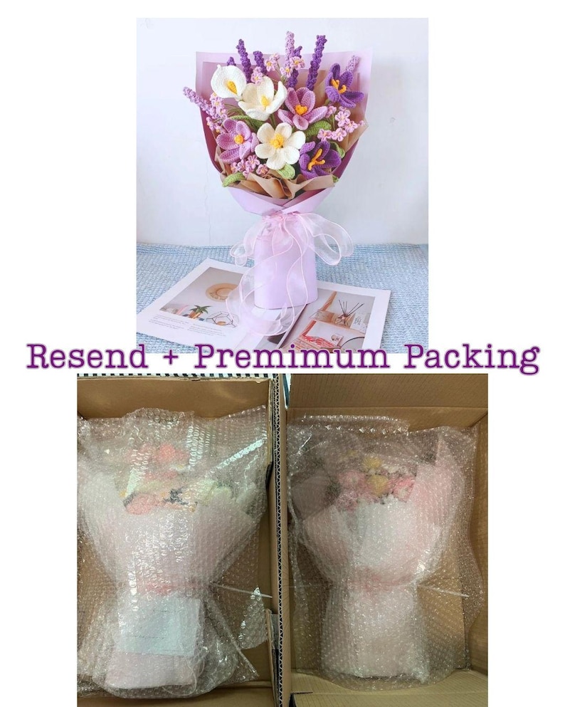 Lila Häkelstrauß, handgefertigte, immergrüne Blumen, Abschlussgeschenk für Sie Premium Pack