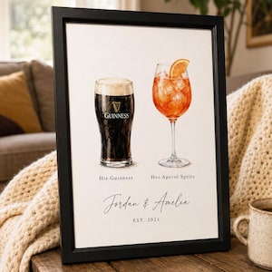 Op de afbeelding: Een ingelijste print met een aquarelillustratie van een pint Guinness en een Aperol Spritz met een schijfje sinaasappel. De tekst luidt: His Guinness, Her Aperol Spritz, Jordan & Amelia en EST. 2021. De lijst is zwart en rechthoekig.