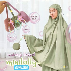 May include: The image showcases a woman wearing a sage green prayer garment, with three small, colorful travel bags in the foreground. The bags are in dusty pink, sage, and milo colors, each adorned with beaded flower accents. The text "mukena travel minilolly ROYALJAVA" is also visible.