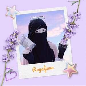 May include: A woman wearing a black niqab holds a small purple bag with the text "Royaljava" on a white background.