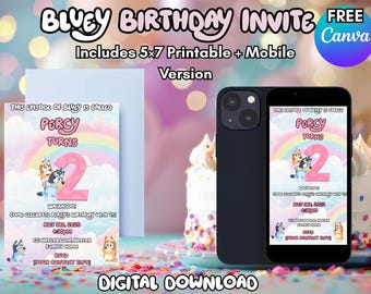 Invitación de cumpleaños azul y / Invitación editable en Canva / Versión imprimible y móvil de 5x7 pulgadas / Descarga digital