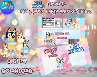 Rice Krispies Treat Wrapper Template | Blue 2nd Birthday Party Favor | Digital File