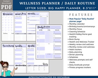 Daily Routine, Habit Tracker, Weekly Planner, Monthly Planner, Wellness tracker, full planner PDF printable