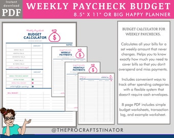 weekly paycheck budget, envelope budget, category spending, bill budget, weekly budget worksheets