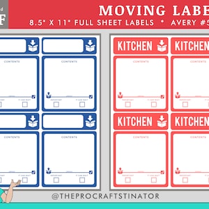 Puede incluir: Etiquetas de mudanza imprimibles con un diseño azul y blanco. Las etiquetas tienen espacio para el contenido, los artículos importantes y si la caja puede esperar. Las etiquetas también tienen un pequeño icono de caja con una flecha hacia abajo. Las etiquetas miden 8,5 pulgadas por 11 pulgadas y son compatibles con Avery #5265.