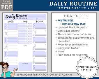 Poster Size 12" x 18" Daily Routine, Habit Tracker, Weekly Planner