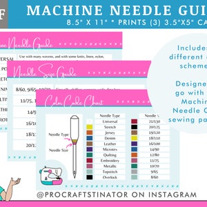 Peut inclure: Un guide imprimable pour les aiguilles de machine à coudre, avec un tableau de couleurs indiquant les tailles et les types d'aiguilles pour différents tissus, tels que universel, extensible, jersey, denim, cuir, microtex, matelassage, broderie, métallique, surpiqûre et surjet. Le guide est conçu pour être imprimé sur du papier de 8,5 x 11 pouces et découpé en cartes de 3,5 x 5 pouces. Le guide comprend quatre schémas de couleurs différents.