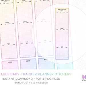 Puede incluir: Pegatinas imprimibles para planificador de seguimiento de bebés con un fondo degradado pastel. Las pegatinas incluyen secciones para alimentación, pañales, sueño y notas. El texto "Baby Tracker" está en la parte superior de cada pegatina.