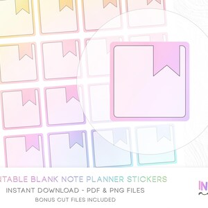 May include: Sheet of printable blank note planner stickers. Each sticker is a square with a pink gradient and a small pink ribbon. The stickers are outlined in a thin gray line. The text "PRINTABLE BLANK NOTE PLANNER STICKERS" is at the bottom.