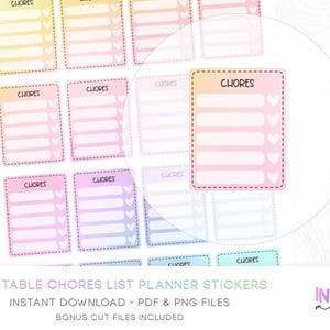 May include: A sheet of printable chore list planner stickers. Each sticker is a rectangle with a gradient of colors, from yellow to pink to purple. The word "CHORES" is at the top, with spaces for tasks and heart-shaped check boxes.