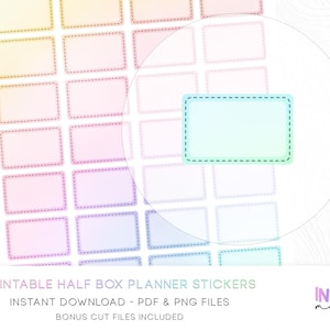 May include: Sheet of printable half box planner stickers with a rainbow gradient background. Each sticker is a rectangle with a dotted border. The text "PRINTABLE HALF BOX PLANNER STICKERS" is visible at the bottom.