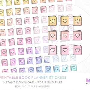 May include: Sheet of planner stickers featuring small, colorful book illustrations with heart-shaped accents. The books are in various pastel colors, including yellow, pink, and blue. Text at the bottom reads "PRINTABLE BOOK PLANNER STICKERS".