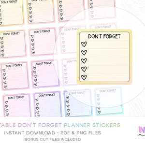 Peut inclure: Feuille d'autocollants de planificateur imprimables avec un fond dégradé. Chaque autocollant est un carré avec le texte « DON'T FORGET » et une liste de contrôle de cœurs en dessous. Les autocollants sont de couleurs pastel.