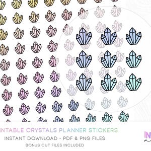 May include: Sheet of printable planner stickers featuring colorful crystal designs. The crystals are in various pastel colors, including pink, blue, yellow, and purple, with black outlines. The text "PRINTABLE CRYSTALS PLANNER STICKERS" is at the bottom.